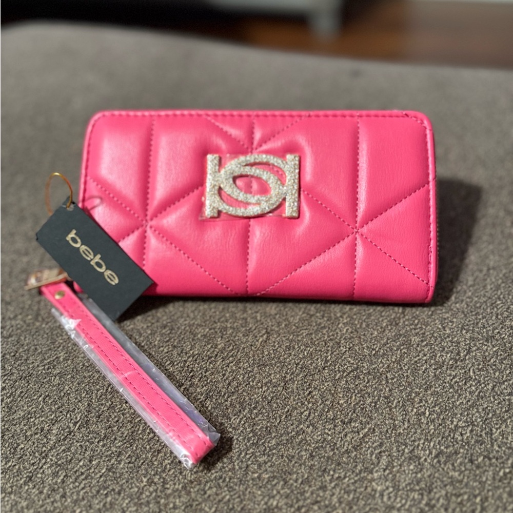 Bebe Pink Quilted Wallet with Silver Logo